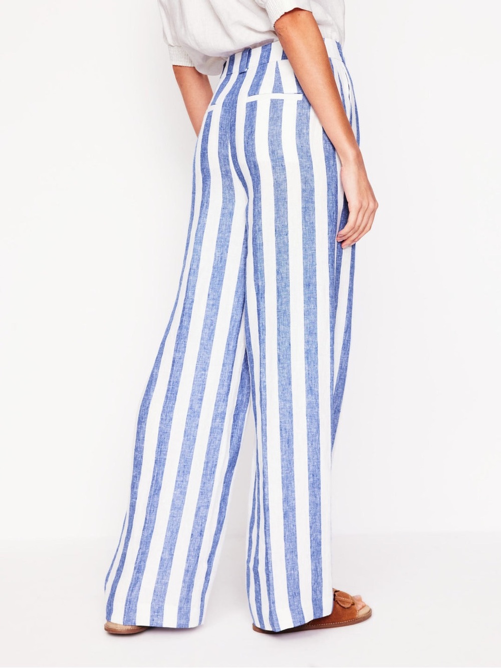 Boden Linen Westbound Blue White Stripe Wide Leg Trousers Size 8